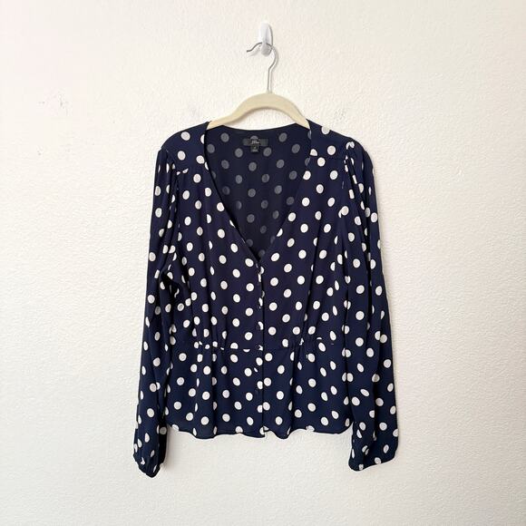 [J. Crew] Navy Blue White Polka Dot Long Sleeve Crepe Peplum V-Neck Blouse Sz 12 - Picture 3 of 12